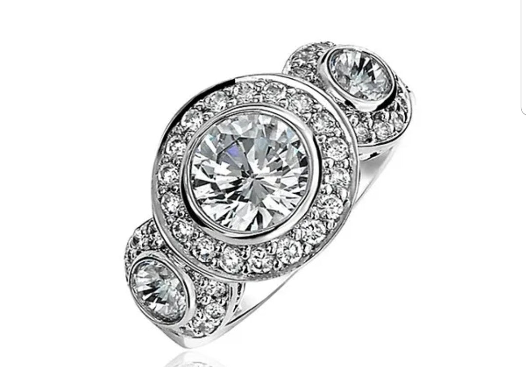 Exquisite 2CT Round Three Stone Sterling Silver Cubic Zirconia Ring