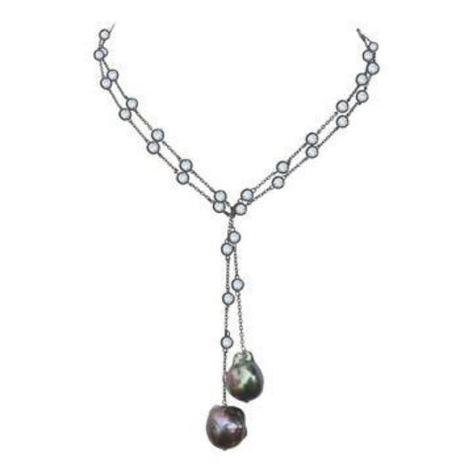 36" Cubic Zirconia with Two Genuine Baroque Pearls Tassel Necklace