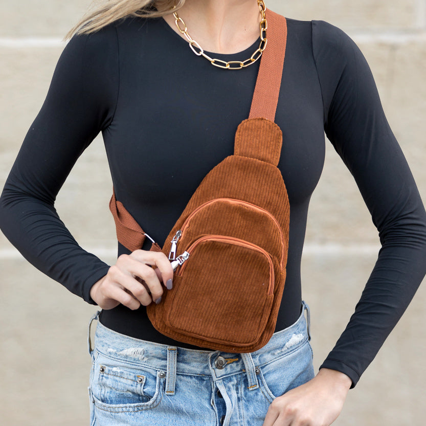 Ingrid Double Zip Corduroy Sling Bag