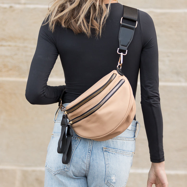 Gia Double Zip Nylon Crescent Sling Bag