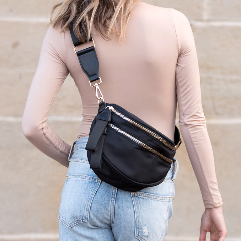 Gia Double Zip Nylon Crescent Sling Bag