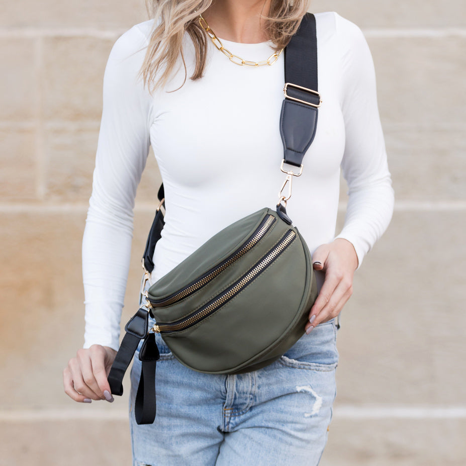 Gia Double Zip Nylon Crescent Sling Bag
