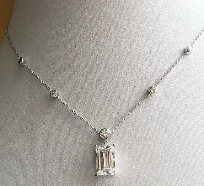 Elegant 6CT CZ Emerald=Cut Diamond Sterling Silver Pendant Necklace