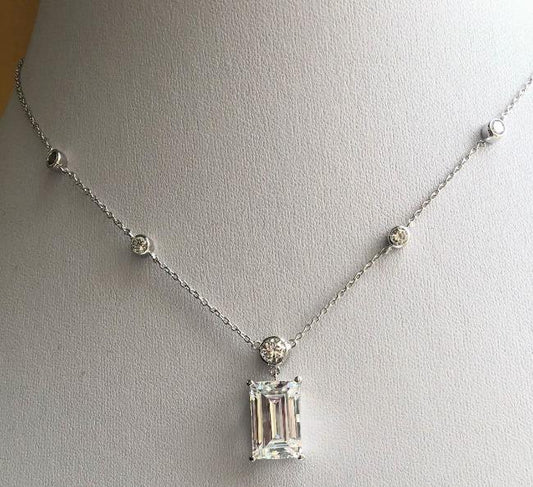 Elegant 6CT CZ Emerald=Cut Diamond Sterling Silver Pendant Necklace