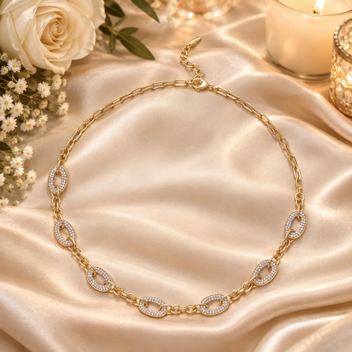 Stunning Gold-Filled 5mm Clear Oval Micro Paved CZ Cable Paperclip Chain 18 Inch Necklace