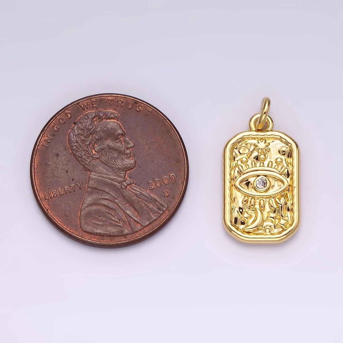 14K Gold Filled CZ Evil Eye Celestial Sun Moon Stars Hammered Rectangular Charm