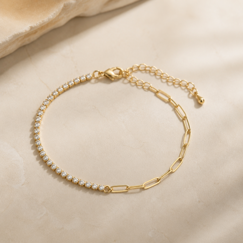Dainty Gold Filled 2mm Half Tennis Half Paperclip 7 Inch Chain Bracelet
