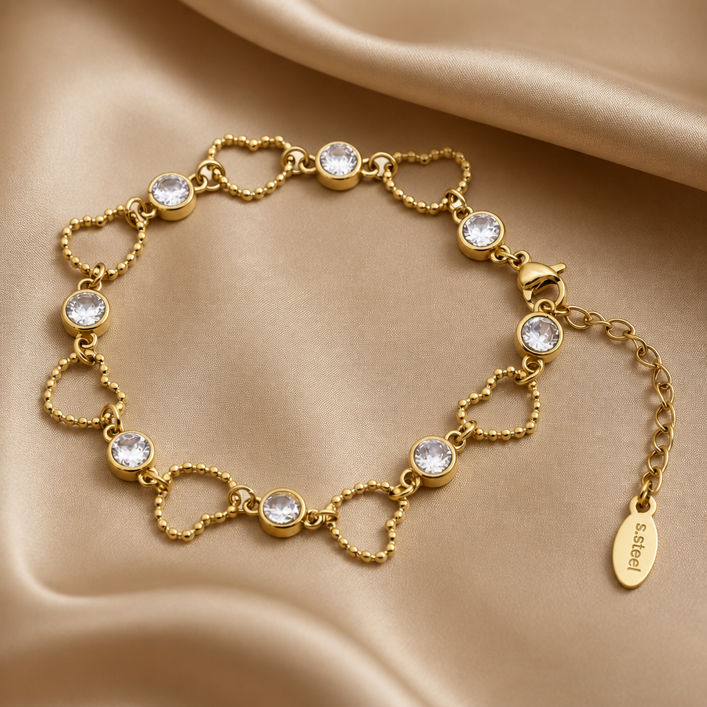 Beautiful 18K Gold PVD Stainless Steel Clear CZ Round Open Beaded Bubble Heart 6.5 Inch Bracelet