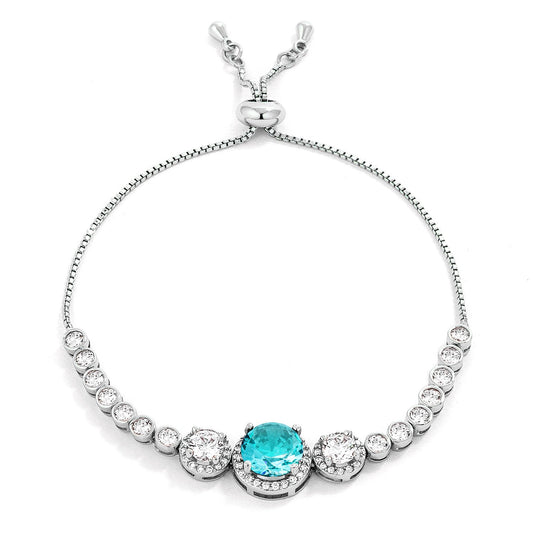 Adjustable Rhodium Plated Graduated Aqua 5.95CT CZ Bolo Style Tennis Bracelet