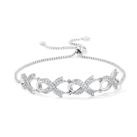 Rhodium Plated Pave CZ Ribbon Bolo Bracelet
