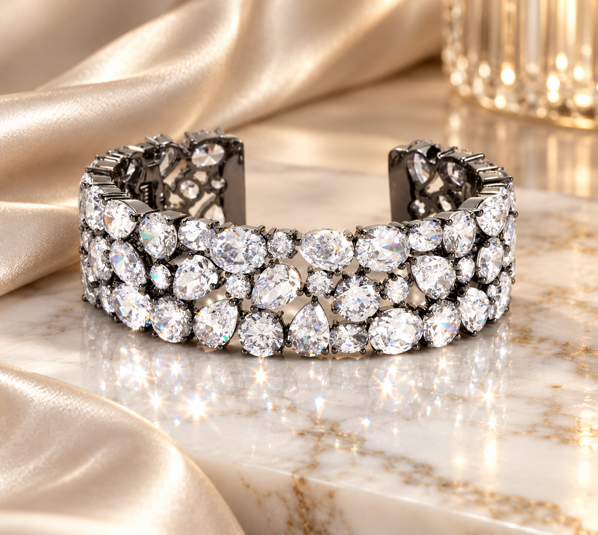 Beautiful Bejeweled Cubic Zirconia Statement Cuff Black Tone