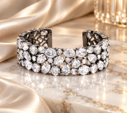 Beautiful Bejeweled Cubic Zirconia Statement Cuff Black Tone
