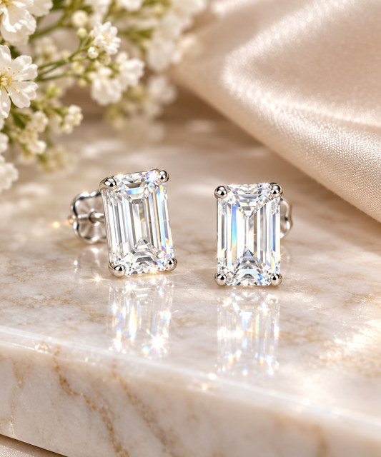 Gorgeous Everyday 8mm x 4mm Emerald Cut Clear CZ Stud Earrings Sterling Silver Rhodium Plated