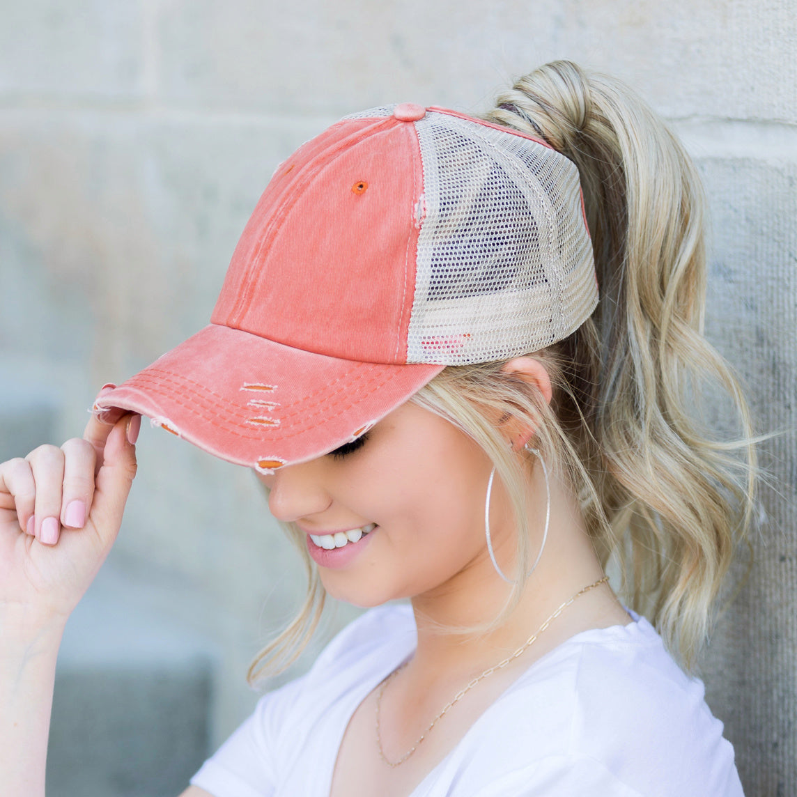 Distressed Messy Bun Ball Cap