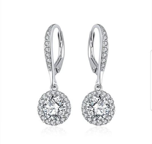 Classic 3CT Cubic Zirconia Sterling Silver Dangle Lever Back Halo Earrings