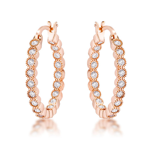 Rose Gold Plated Clear CZ Round Bezel Hoop Earrings