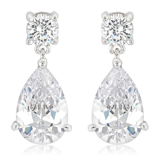 Elegant Rhodium Plated Cubic Zirconia Drop Earrings