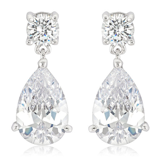 Elegant Rhodium Plated Cubic Zirconia Drop Earrings