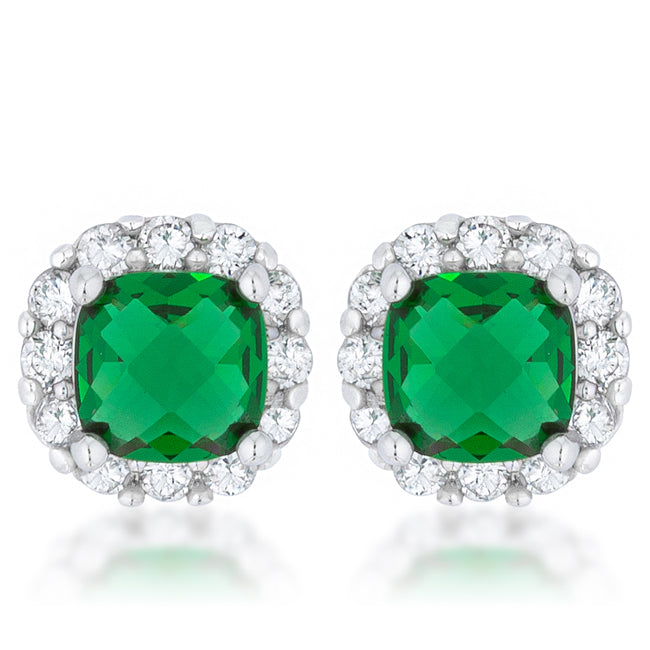Gorgeous 2ct Emerald CZ Rhodium Classic Cushion Stud Earrings