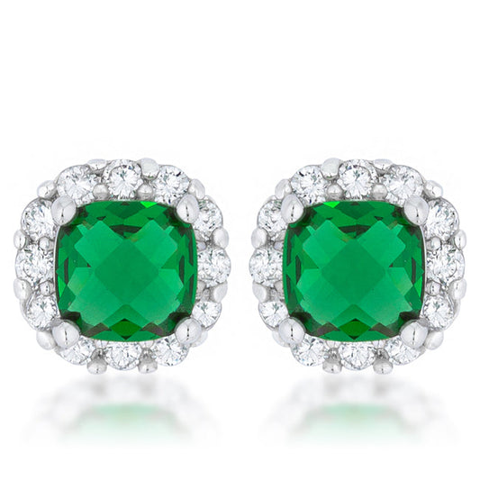 Gorgeous 2ct Emerald CZ Rhodium Classic Cushion Stud Earrings