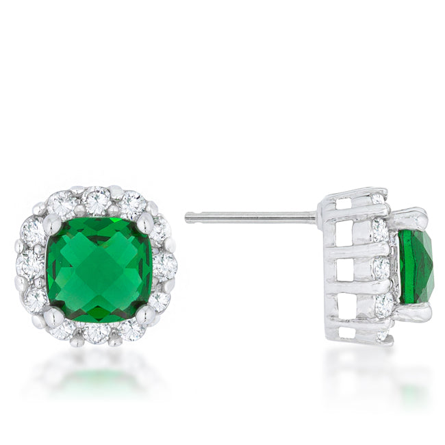 Gorgeous 2ct Emerald CZ Rhodium Classic Cushion Stud Earrings