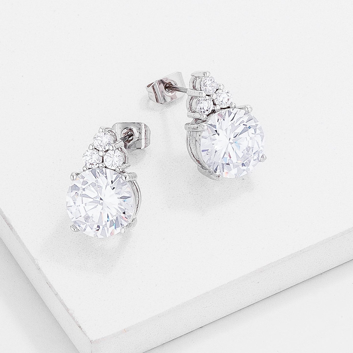 Simple Rhodium Plated 9mm Clear CZ Stud Earrings