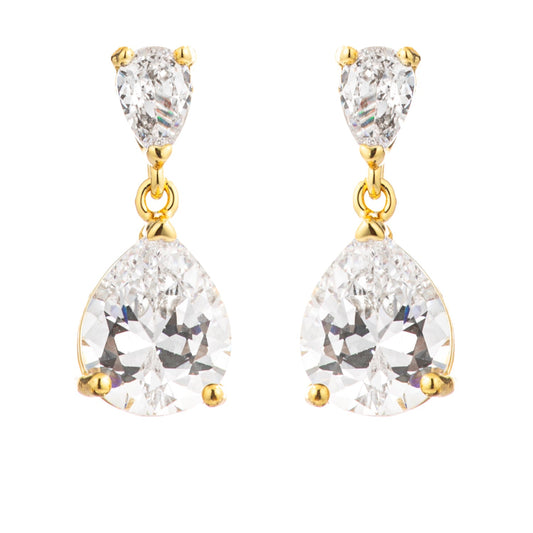 18k Gold Plated Double CZ Pear Drop Earrings