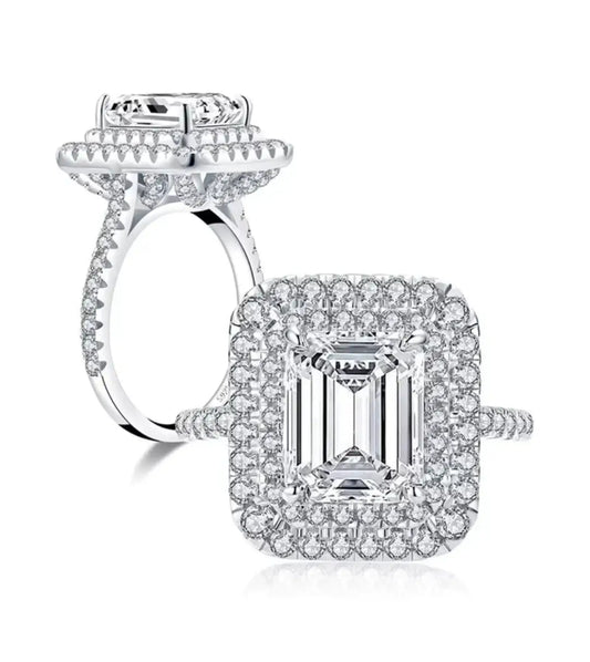 2CT Emerald Cut Cubic Zirconia Double Halo Ring