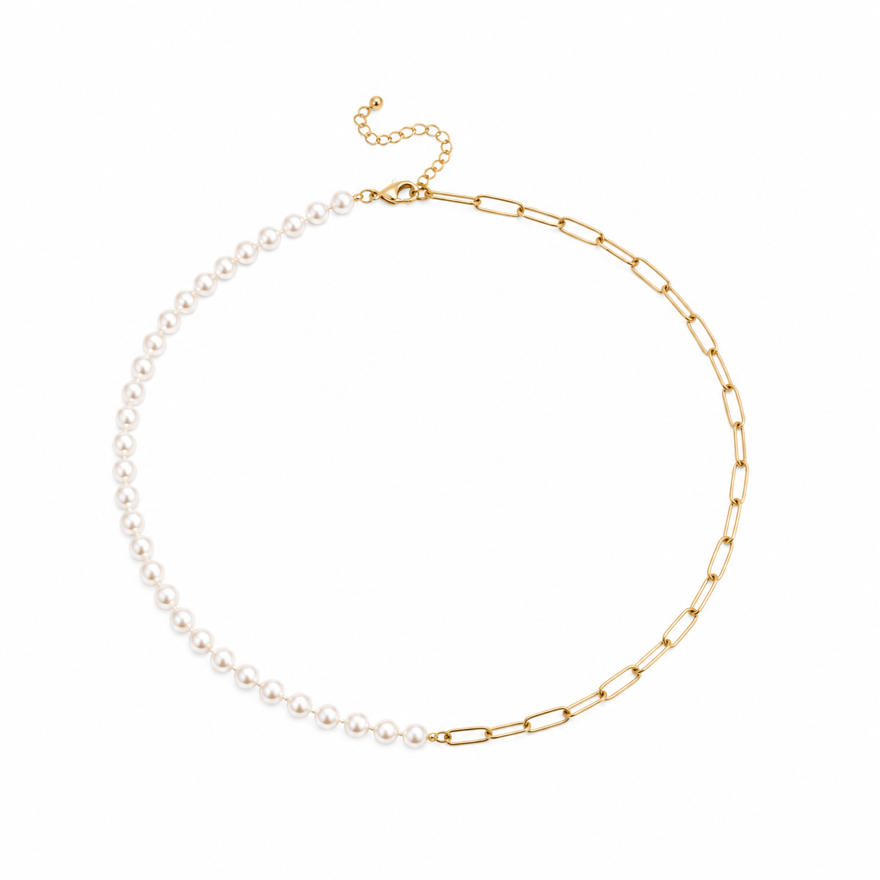 Gorgeous 16 Inch Half Freshwater Pearl, Half Paperclip Chain Gold-Filled Necklace