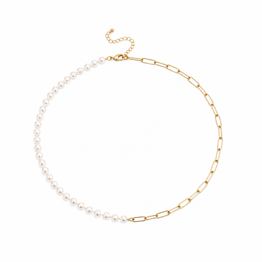 Gorgeous 16 Inch Half Freshwater Pearl, Half Paperclip Chain Gold-Filled Necklace