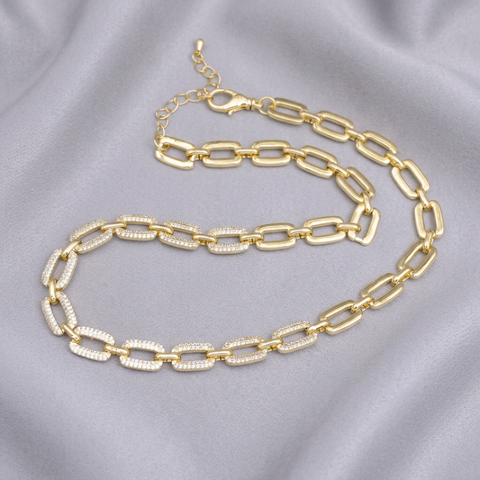 Gorgeous Gold-Filled 8.8mm Half Micro Paved CZ Unique Paperclip 17 Inch Chain Necklace in Gold or Silver