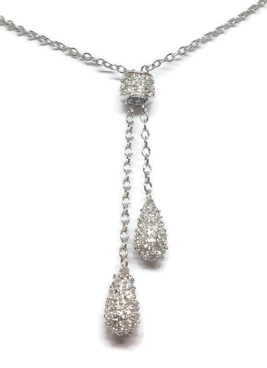 Sterling Silver CZ Double Pave Drop Lariat Pendant Necklace