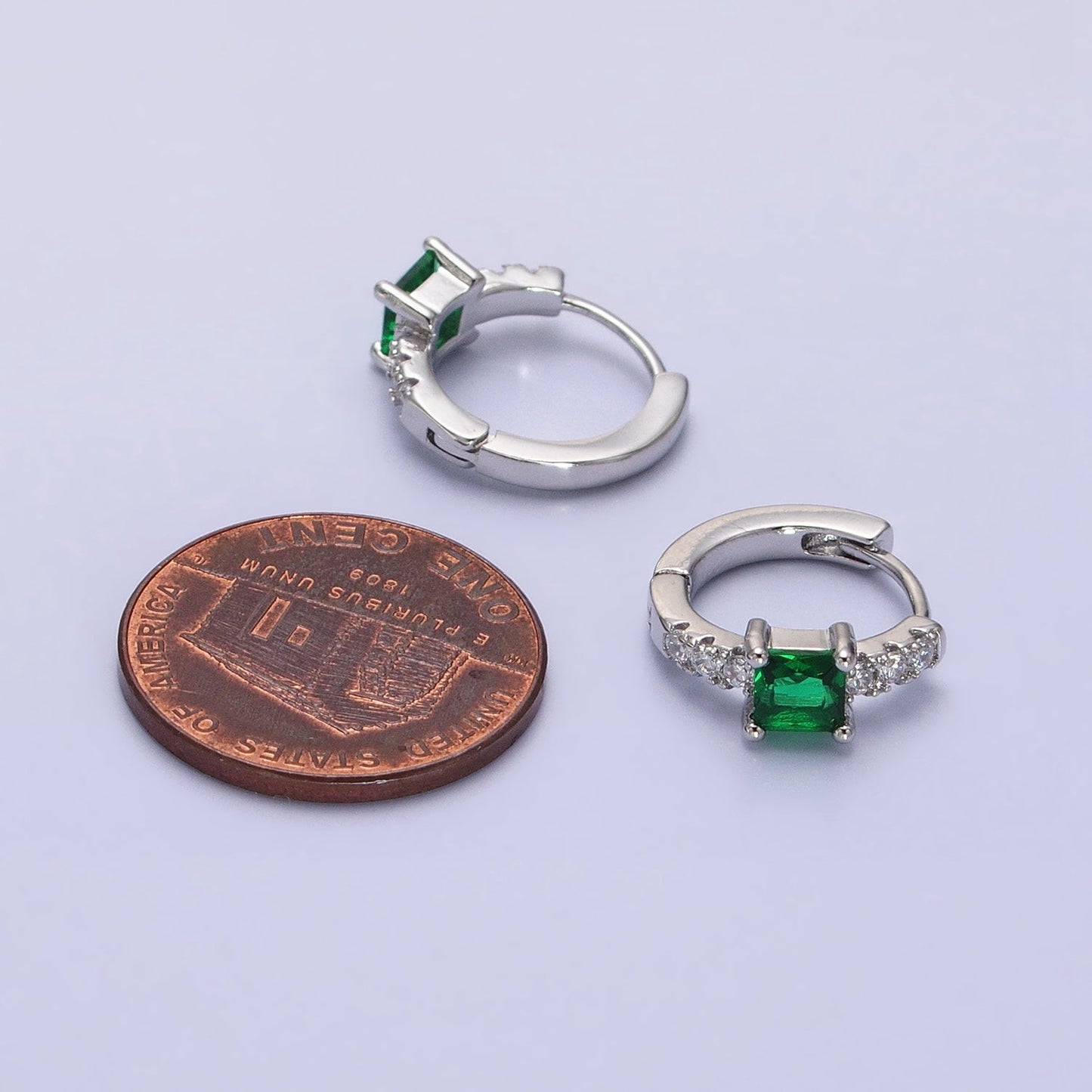 16K Gold Filled Emerald Green Square CZ Micro Paved Cartilage Huggie Earrings in Gold & Silver