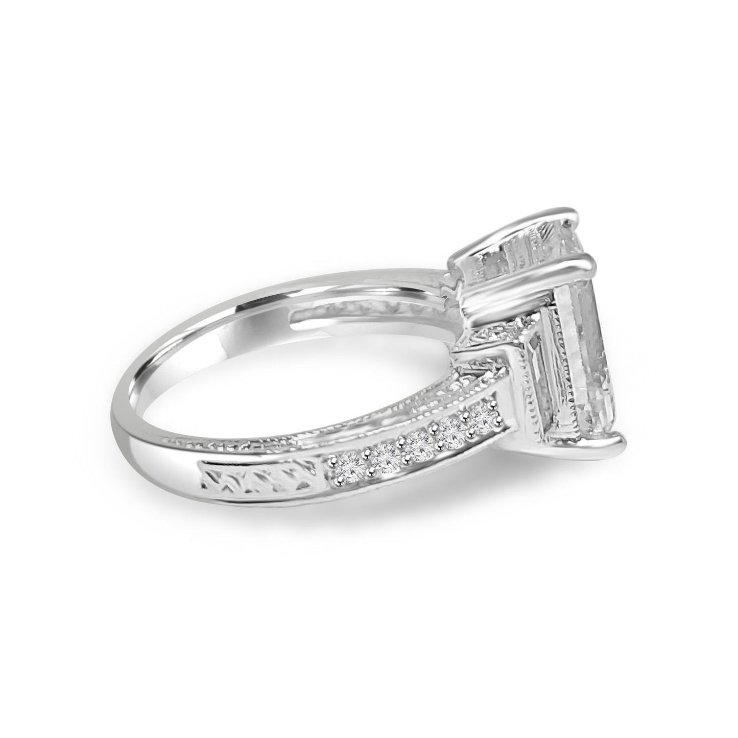 Sterling Silver 2.5CT Three Stone Emerald Cut Vintage Style Cubic Zirconia Engagement Ring