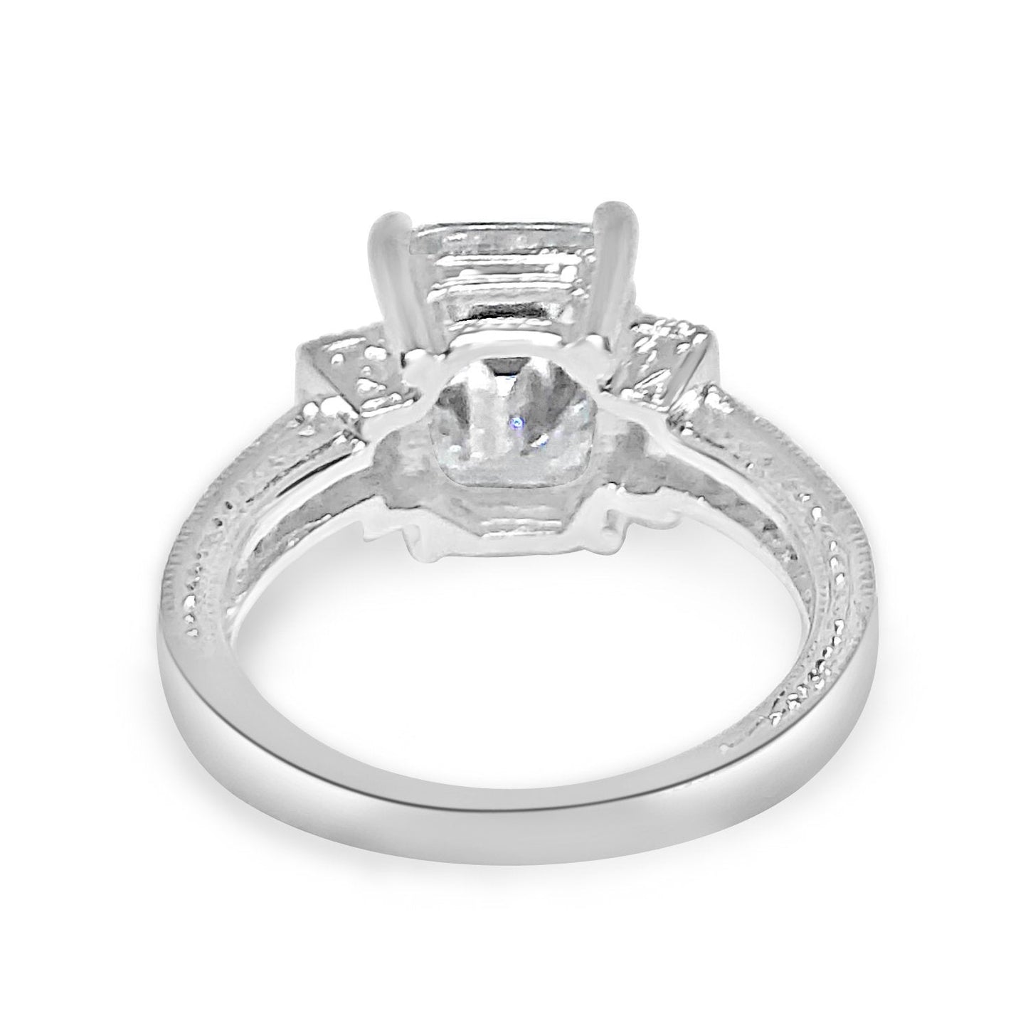 Sterling Silver 2.5CT Three Stone Emerald Cut Vintage Style Cubic Zirconia Engagement Ring