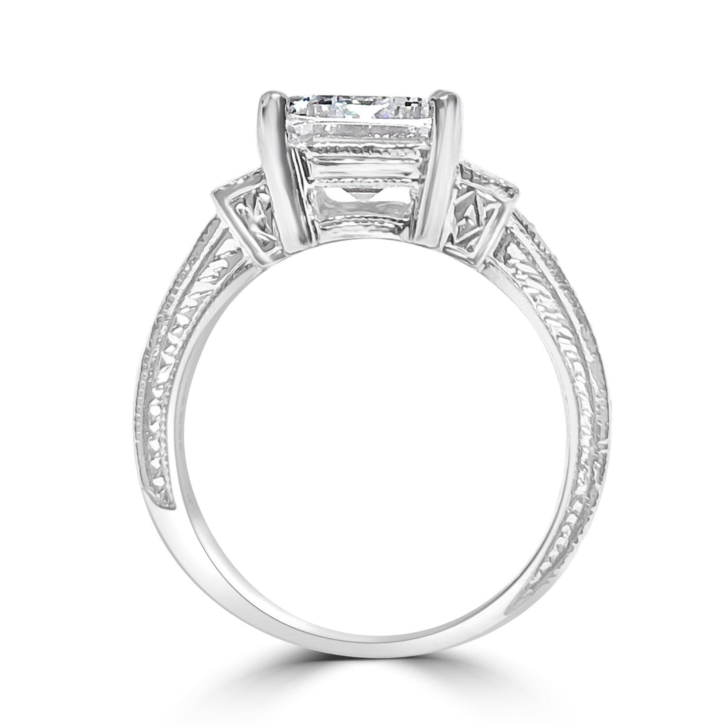 Sterling Silver 2.5CT Three Stone Emerald Cut Vintage Style Cubic Zirconia Engagement Ring