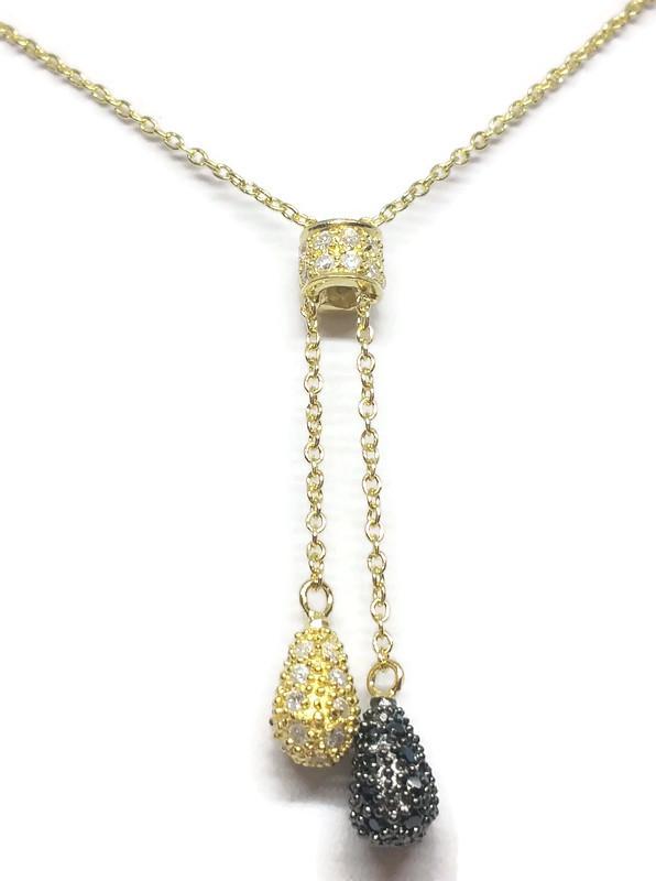 Sterling Silver CZ Double Pave Drop Lariat Pendant Necklace