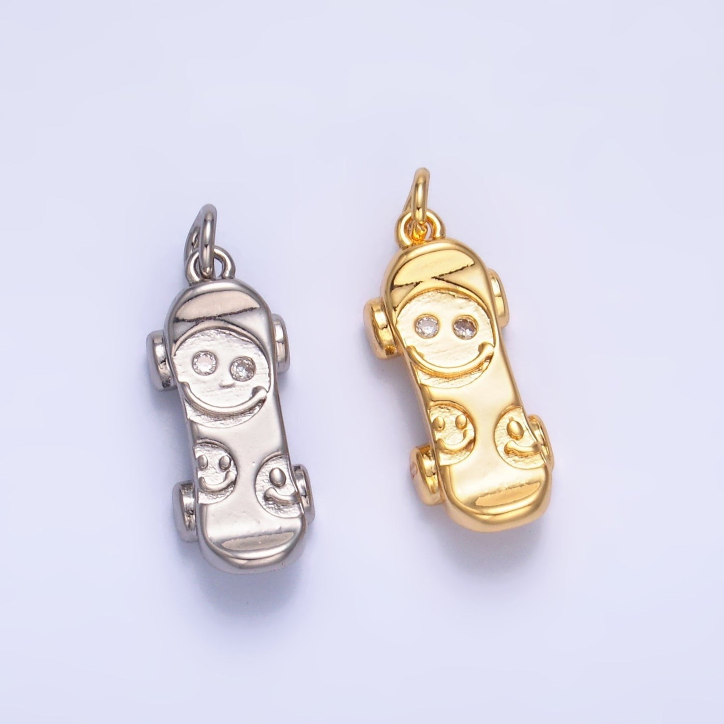 Tiny 24K Gold Filled 16.6mm CZ Smiley Face Skateboard Charm in Gold & Silver