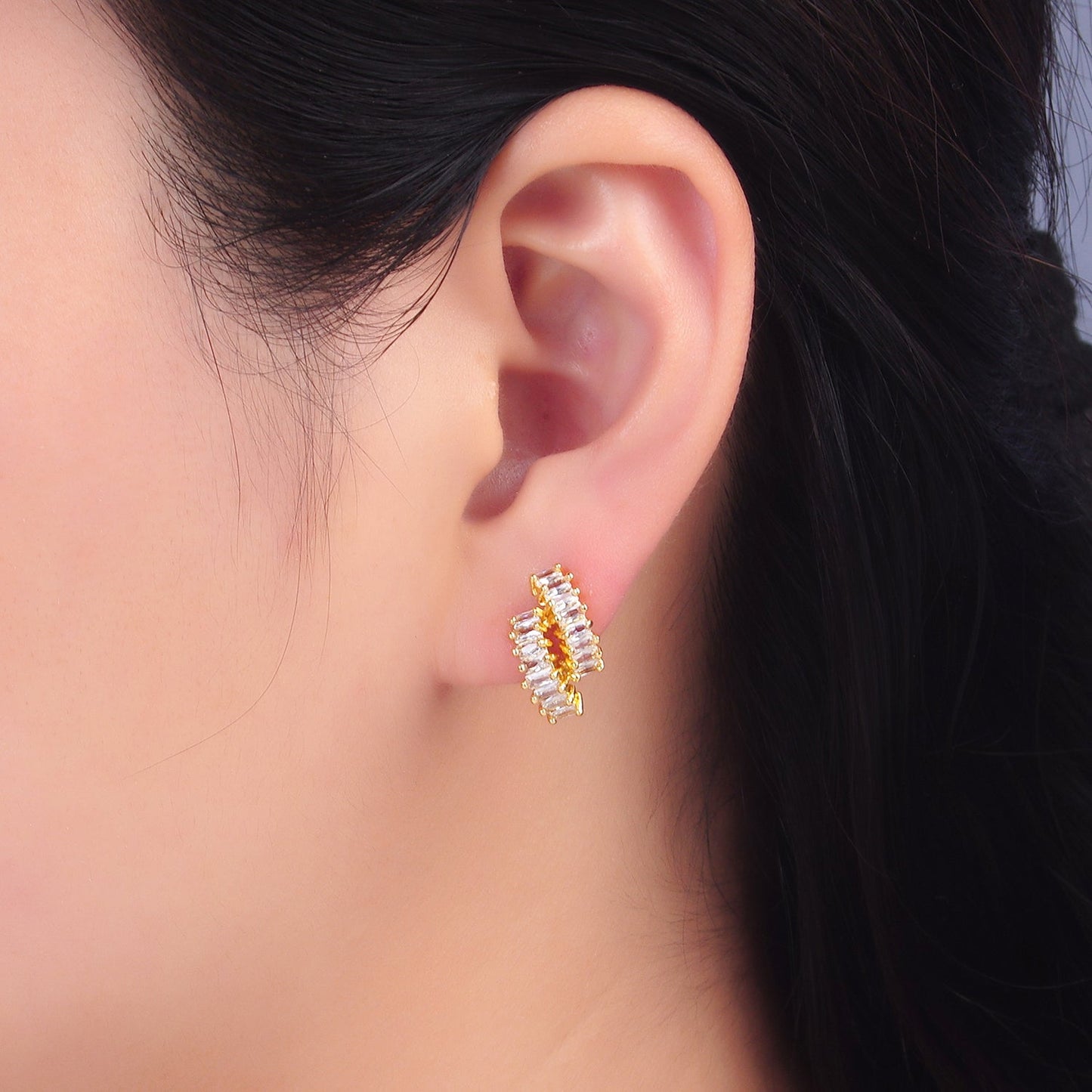 Unique 24K Gold Filled Double Baguette CZ Linear C-Shaped Hoop Earrings