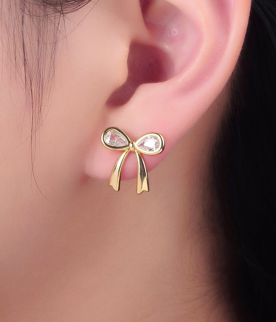 Sweet 24K Gold-Filled Clear CZ Ribbon Bow Stud Earrings