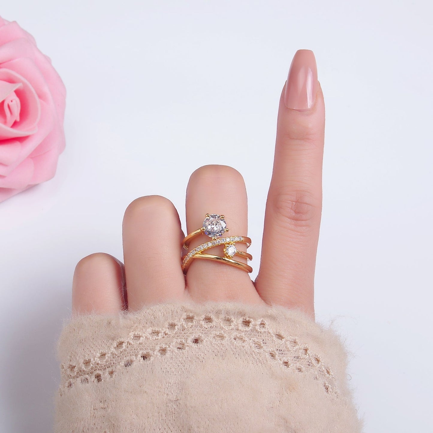 Beautiful 24K Gold Filled CZ Clear Micro Pave Multi-Band Adjustable Ring