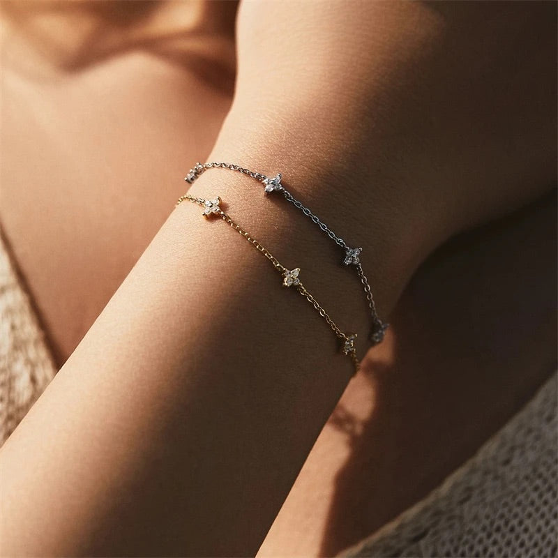 Sweet Minimalist Multi Clover Flower CZ Station Bracelet Sterling Silver 925