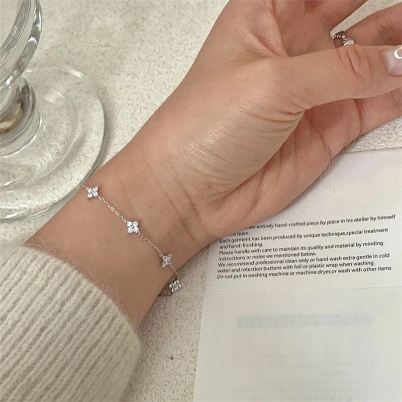 Sweet Minimalist Multi Clover Flower CZ Station Bracelet Sterling Silver 925