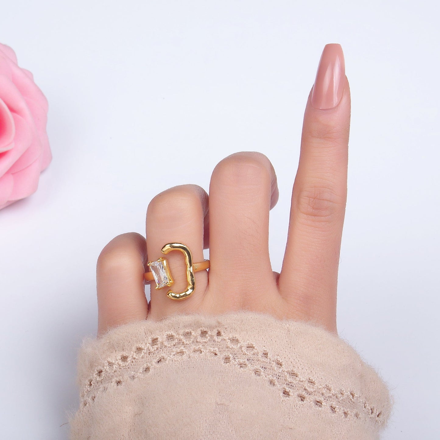 24K Gold Filled Baguette Curved Geometric Open Claw Ring