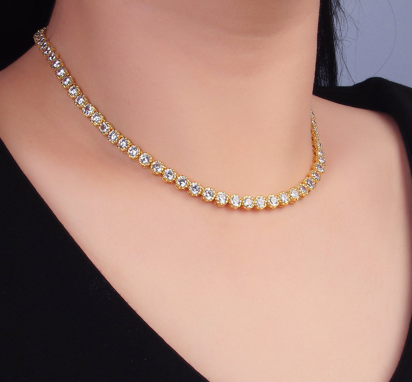 Stunning 24K Gold Filled Round CZ Encapsulate Tennis Chain 16 Inch Necklace in Gold & Silver