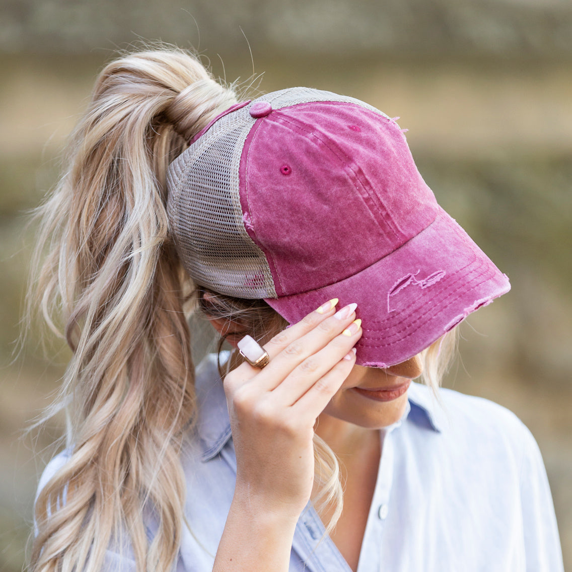 Distressed Messy Bun Ball Cap