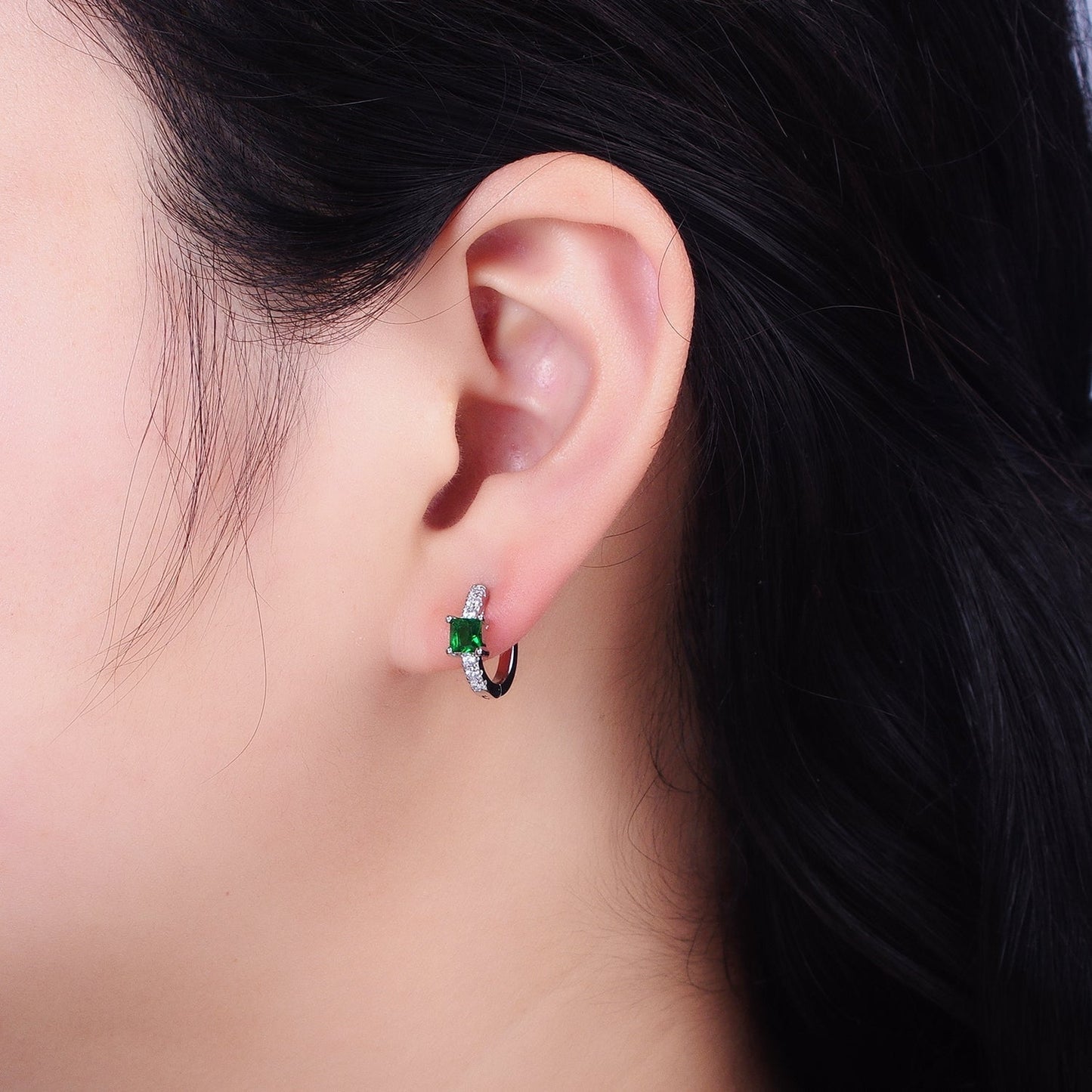 16K Gold Filled Emerald Green Square CZ Micro Paved Cartilage Huggie Earrings in Gold & Silver