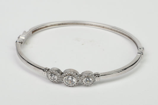Hinged Cubic Zirconia 3-Stones Bezel Rhodium Bangle Bracelet