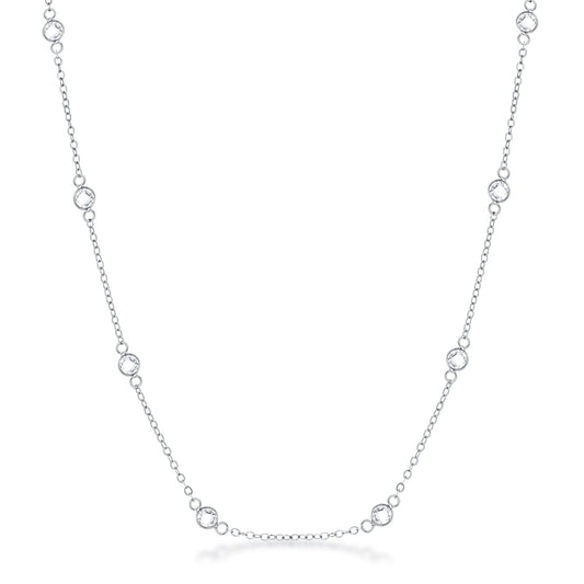 16 or 20 Inch Rhodium Plated Clear CZ Round Bezel Saturn Necklace