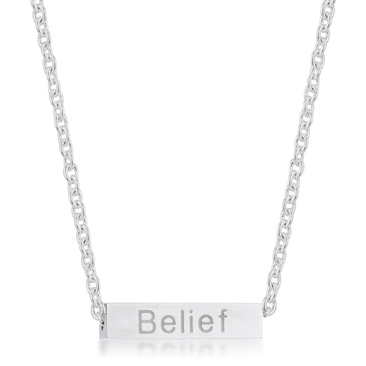 BELIEF Rhodium Stainless Steel Bar Script Necklace